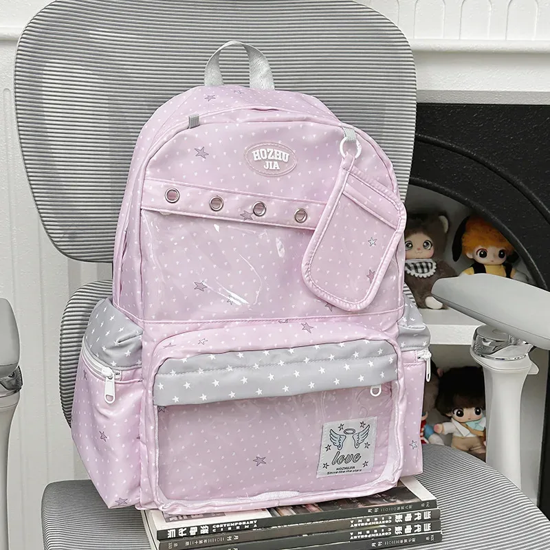 sac à dos très stylé pour les filles du collège, grande capacité, sac à dos à pois et imprimé étoiles pour les lycéennes