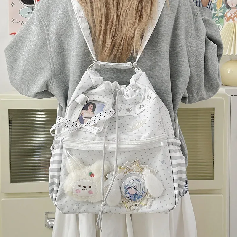 sac à dos ita mignon à pois avec cordon de serrage et poche transparente pour pince, sac multifonctionnel pour l'école, les trajets et les sorties