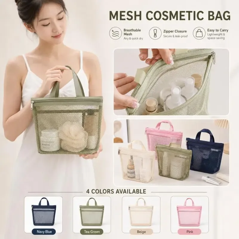 mini trousse à cosmétiques en maille avec poignée, organiseur portable à fermeture éclair pour maquillage et articles de toilette, pour voyage, salle de bain, salle de sport, 4 couleurs