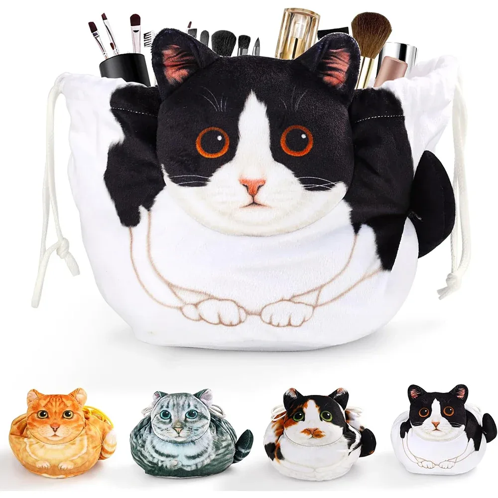 trousse de maquillage à cordon en forme de chat, sac à cosmétiques portable de grande capacité pour femmes, organisateur de voyage, sac de rangement, pochette de soins de la peau