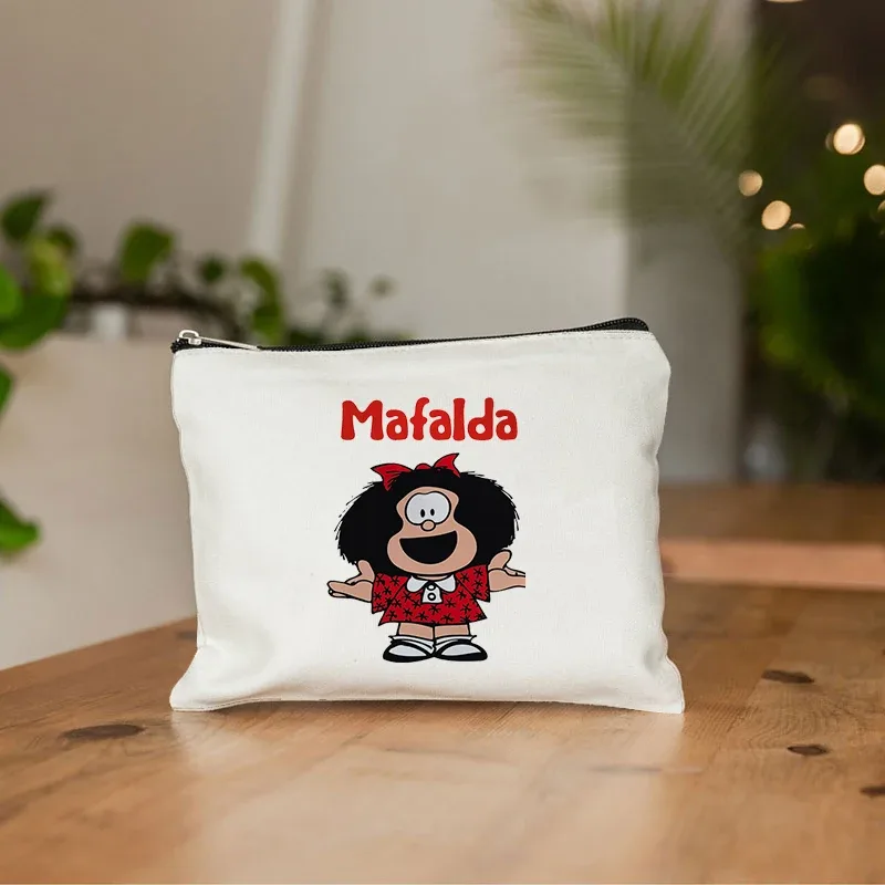 mafalda mignon anime cosmétique trousse de maquillage crayon organisateur fermeture éclair kawaii maquillage pochette sac à main voyage trousses de toilette cadeau