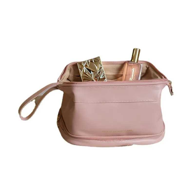 trousse de maquillage multifonctionnelle pour femme, cuir pu, grande capacité, portable, double fermeture éclair, voyage, brosse à maquillage, rangement d'articles de toilette