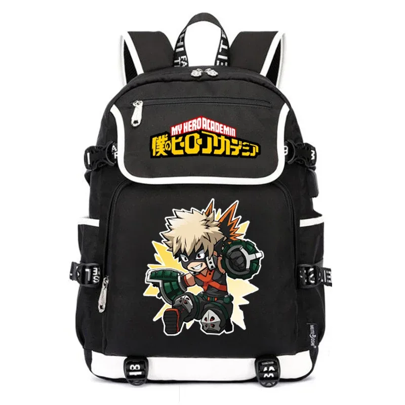 grand sac d'école anime pour femmes, sac à dos bakugou katsuki, sac à dos pour ordinateur portable avec chargeur usb, sac à dos de voyage oxford
