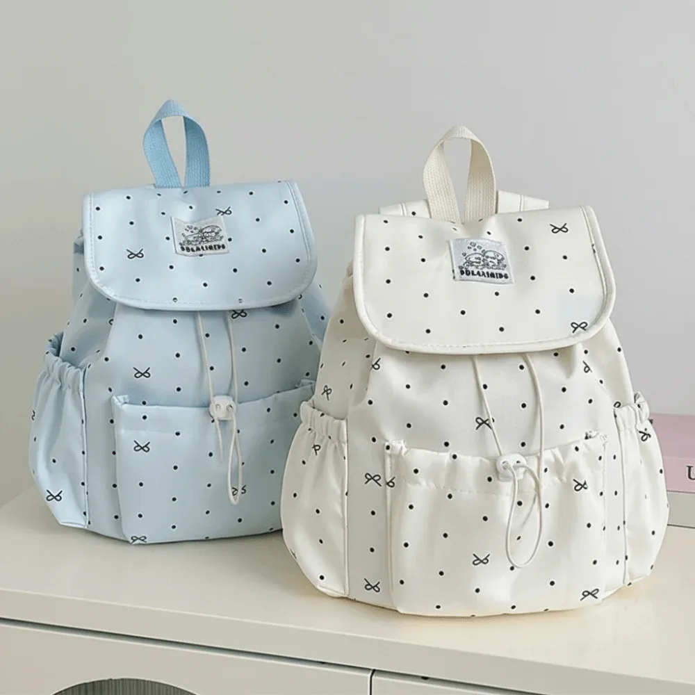 Sac à dos de style japonais pour femmes, motif à pois, fermeture à cordon, sac à dos de grande capacité, sac de style Preppy