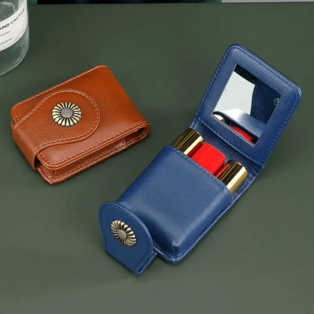 sac à cosmétiques en cuir pu, rangement de rouge à lèvres avec miroir de maquillage, mini sac de rangement, organisateur de rouge à lèvres portable à la mode de style coréen