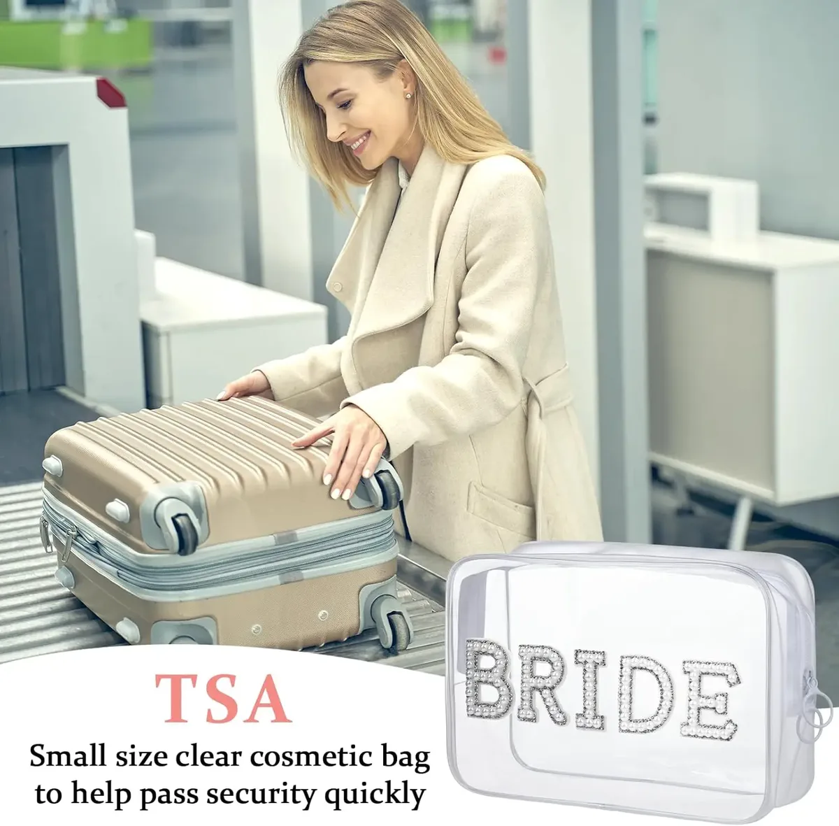 trousse de maquillage transparente pour la mariée, sac cosmétique de fiançailles, cadeaux de douche pour patients, patchs de lettres en biscuits scintillants, voyage en pvc étanche