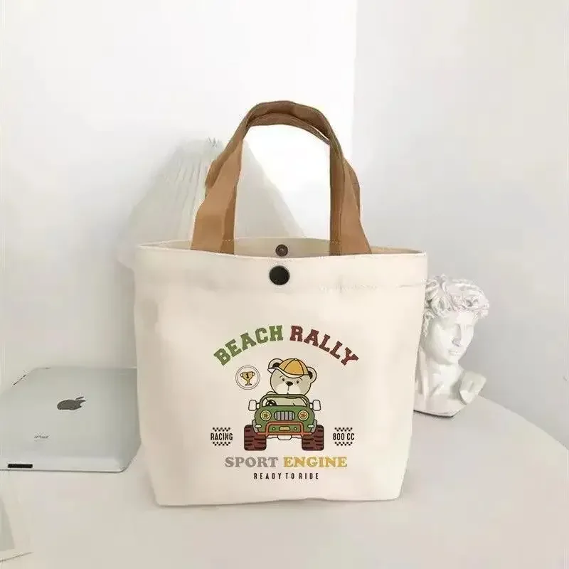 sac fourre-tout mini en toile motif ours mignon, sac à déjeuner esthétique kawaii pour femmes et filles, sac à main scolaire réutilisable pour étudiantes, cadeau