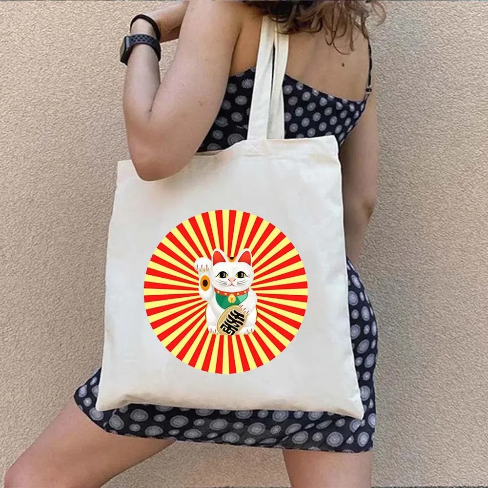 sac fourre-tout en toile à bandoulière pour le shopping, motif maneki neko, chat porte-bonheur japonais mignon, style mont fuji, style japonais, geisha de kyoto, tokyo japon