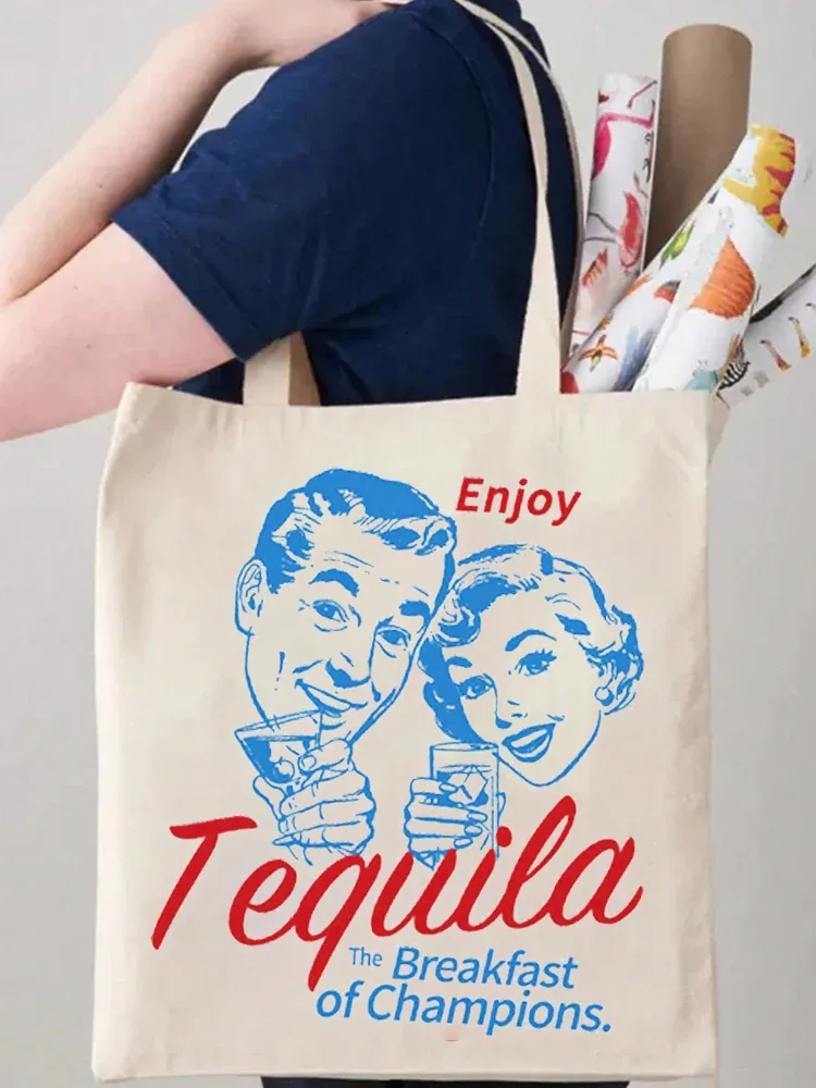 1pc profiter de tequila lettre modèle sac fourre-tout sac à provisions sac de transport vintage décontracté toile sac à bandoulière sac à main shopping sac cadeau
