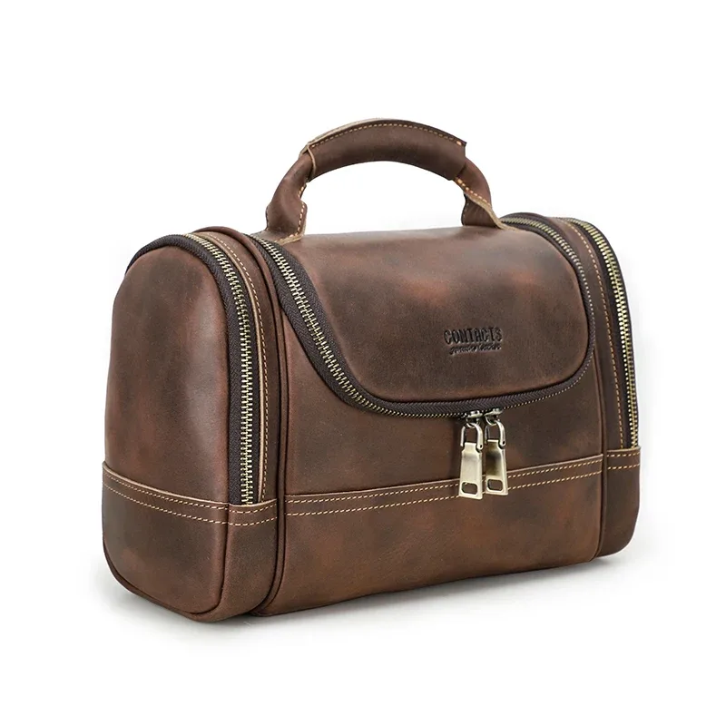 contact's hommes voyage d'affaires lavage trousse de toilette crazy horse cuir outil de lavage sac de rangement cosmétiques sac à main