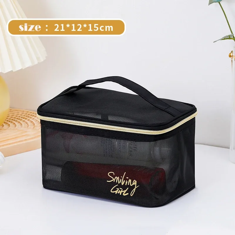 trousse à cosmétiques en maille noire transparente pour femme, trousse de maquillage, petite et grande trousse de toilette, étui de voyage pour pinceaux, 1pc