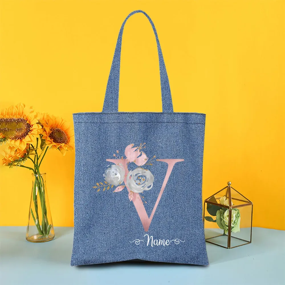 sac fourre-tout en denim personnalisé avec lettre avec nom, sac à main pour mariage, enterrement de vie de jeune fille, sacs de demoiselle d'honneur, sac à bandoulière de voyage, cadeau pour elle