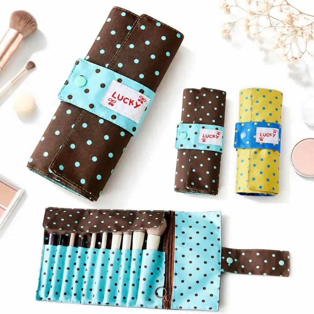 sac de rangement pour pinceaux de maquillage à pois mignons, en toile, 10 compartiments, sac à outils de maquillage portable, sac de maquillage multifonctionnel, pinceaux de maquillage, stylos, etc.