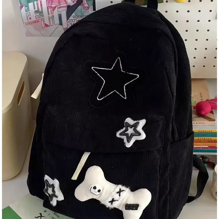 sac à dos d'école de grande capacité pour adolescentes y2k, sac à dos pour ordinateur portable à motif d'étoile pour filles, sac à dos en velours côtelé, sac à bandoulière à double sangle