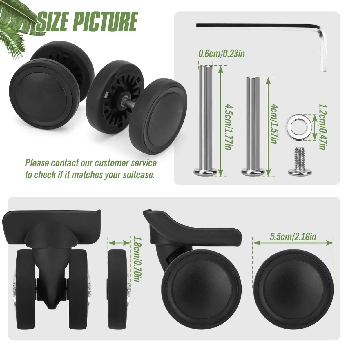 Kit de 8 roues de remplacement pour bagages, roues de réparation noires pour valise avec vis, roues de chariot résistantes à l'usure, pièces de roulettes avec axes de 55 mm