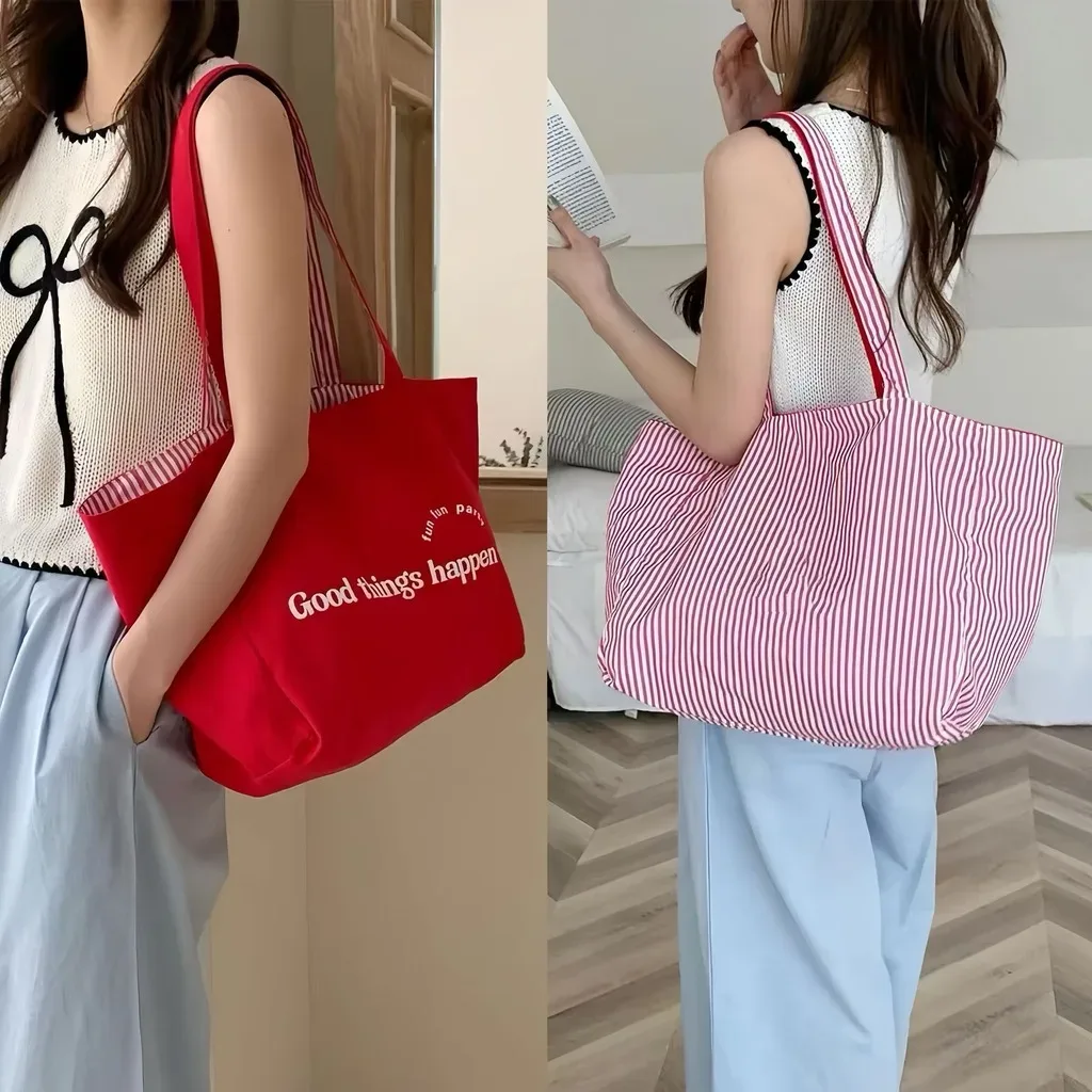 sac fourre-tout en toile à rayures, grand sac de plage à bandoulière, sac à main en tissu doux, esthétique décontractée, sac de shopping et de voyage pour femmes