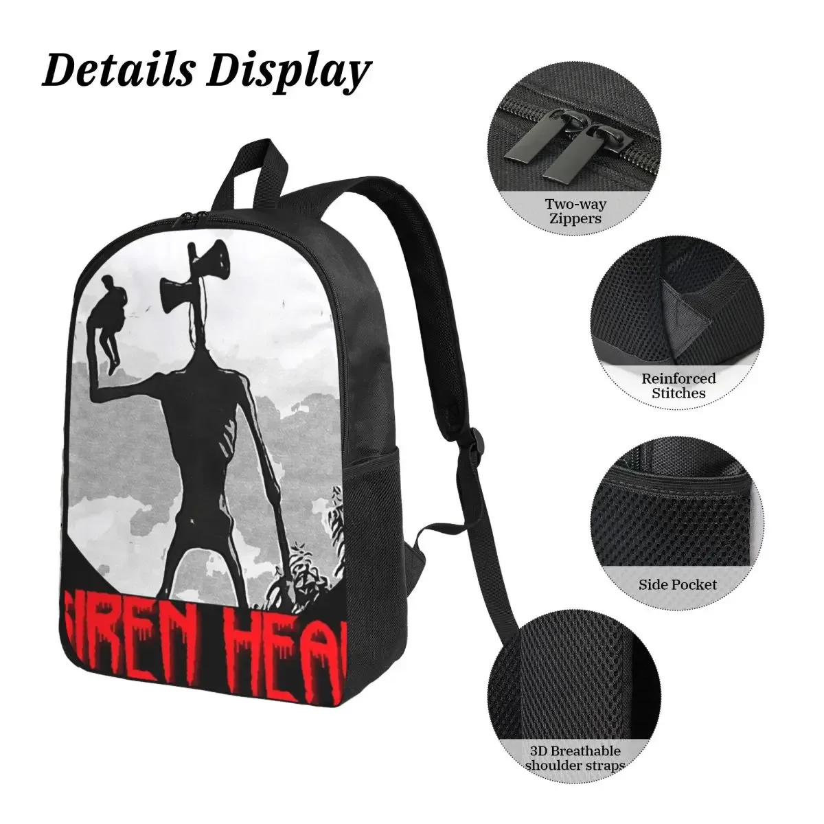 siren head 1 sac à dos étudiant garçons filles bookbag sac d'école ordinateur sacs à bandoulière 3ps sac à déjeuner isolé trousse à crayons