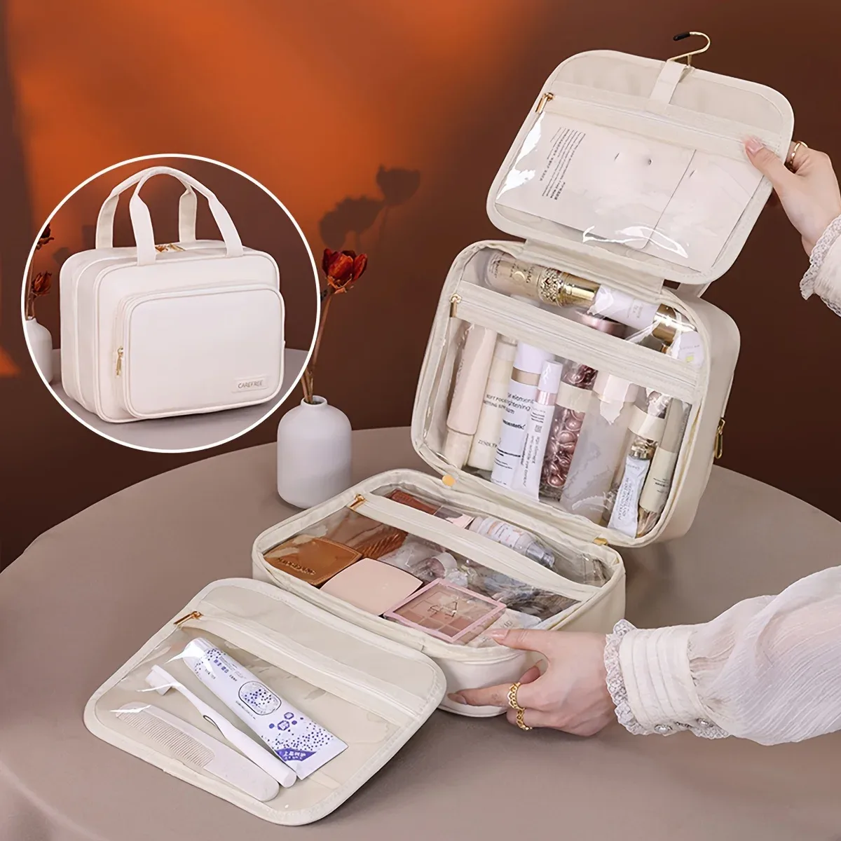 nouveau sac à cosmétiques suspendu en cuir pu pour femmes, rangement portable, organisateur de maquillage, sacs de rangement de toilette de voyage de grande capacité
