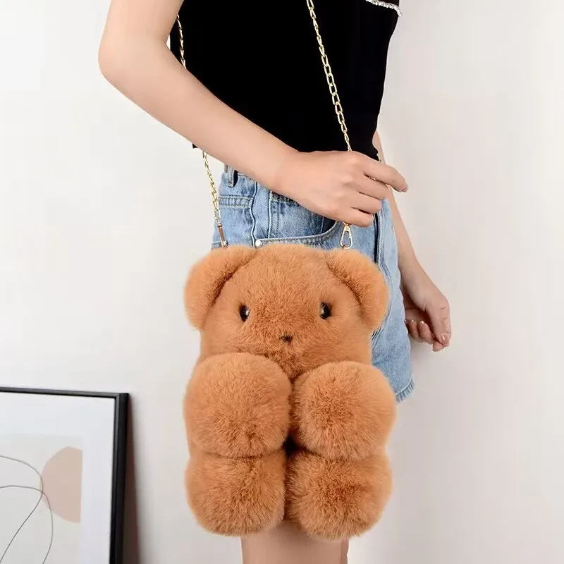 Nouveau ours en peluche sac à dos à bandoulière fille sac de messager créatif mignon sac à chaîne belle moelleux fille dessin animé sac