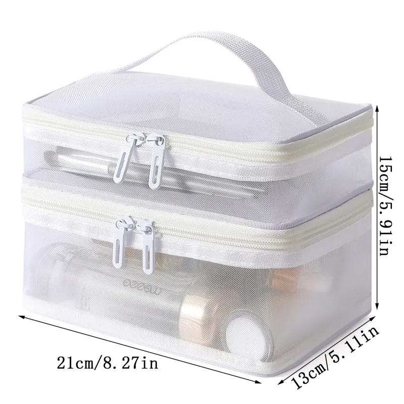 sac de rangement de cosmétiques de voyage à 2 couches, pochette de rangement transparente pliante en maille à fermeture éclair, sac de kit de lavage de maquillage de grande capacité 2024