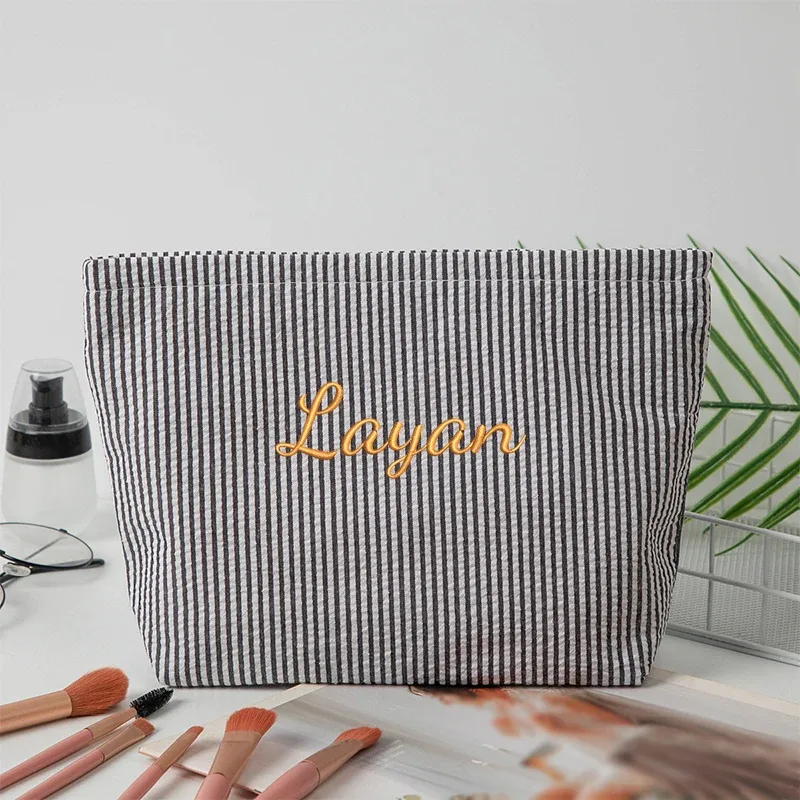 sac de maquillage rayé en gaze bulle, personnalisable avec broderie ou style standard (2 options), pochette de rangement, saison rentrée scolaire