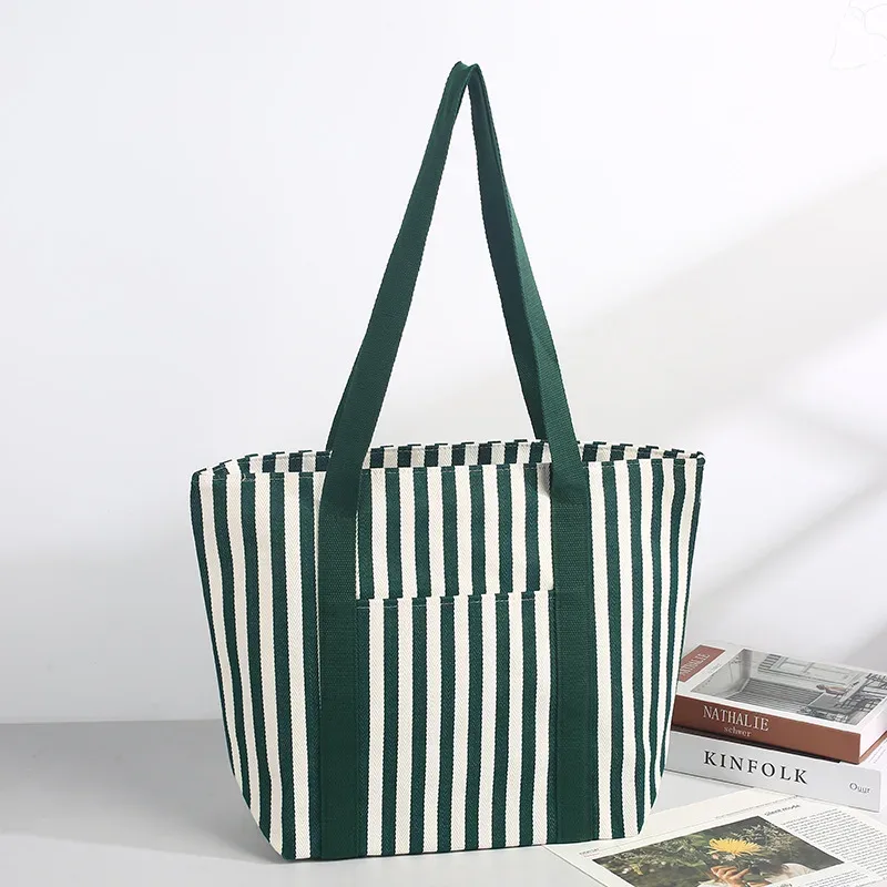 sac fourre-tout en toile rayé personnalisé avec logo imprimé, simple, grande capacité, portable, pour le shopping, avec texte et image diy