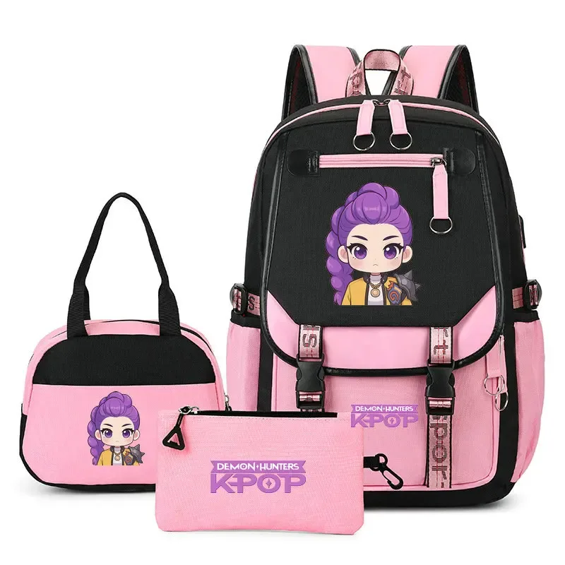 sac à dos kpop demon hunter pour adolescents, cartable de grande capacité, 3 pièces/ensemble avec sac à lunch pour femmes, étudiants, décontracté, confortable, pour voyage, mochilas