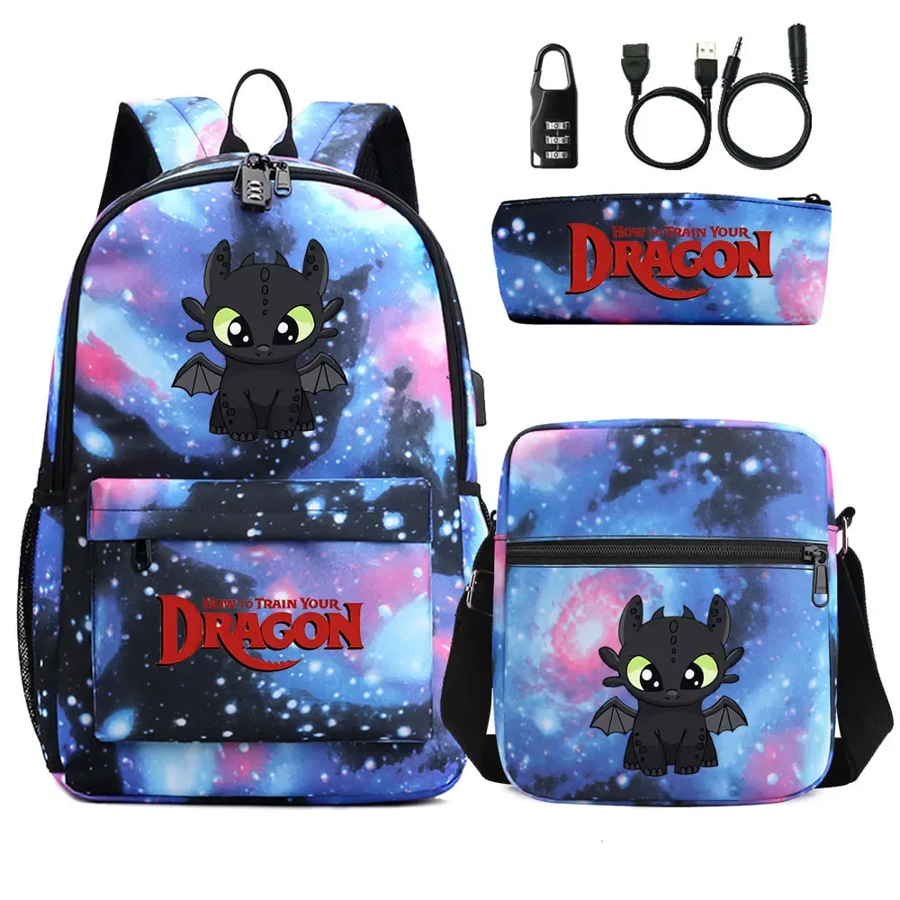 comment entraîner votre dragon 3 pièces usb antivol serrure garçon fille enfants retour à l'école livre sacs voyage sac à dos sac à bandoulière sacs à stylos