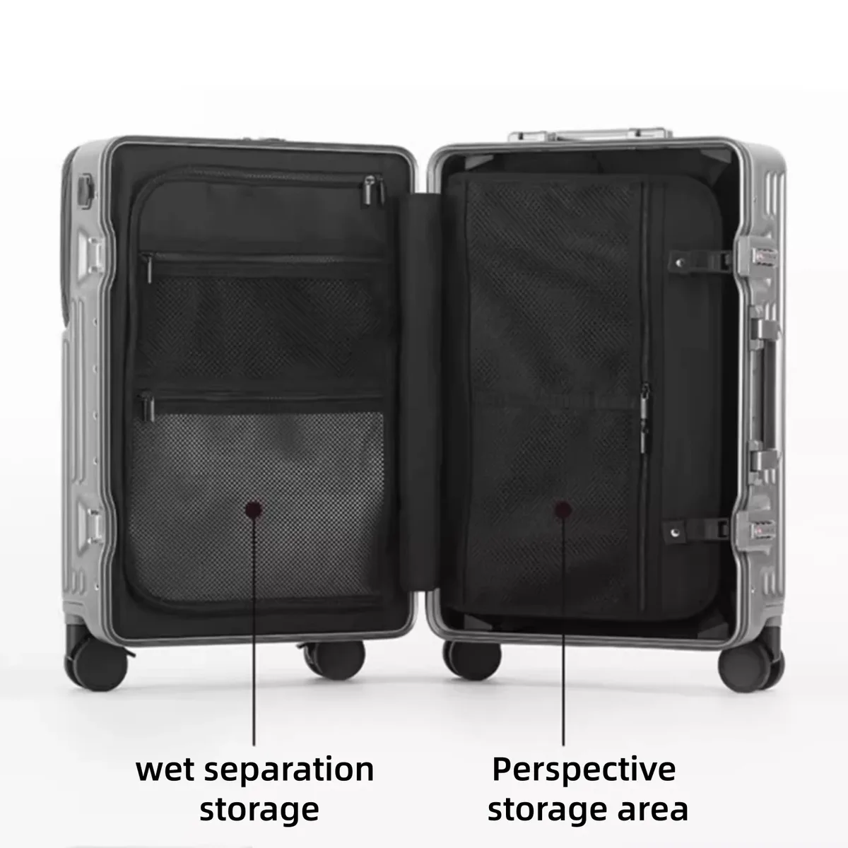 valise à ouverture frontale en matériau pc avec cadre en aluminium, serrure tsa, porte-gobelet, port de charge, bagage à roulettes de voyage 20/24/28/30 pouces