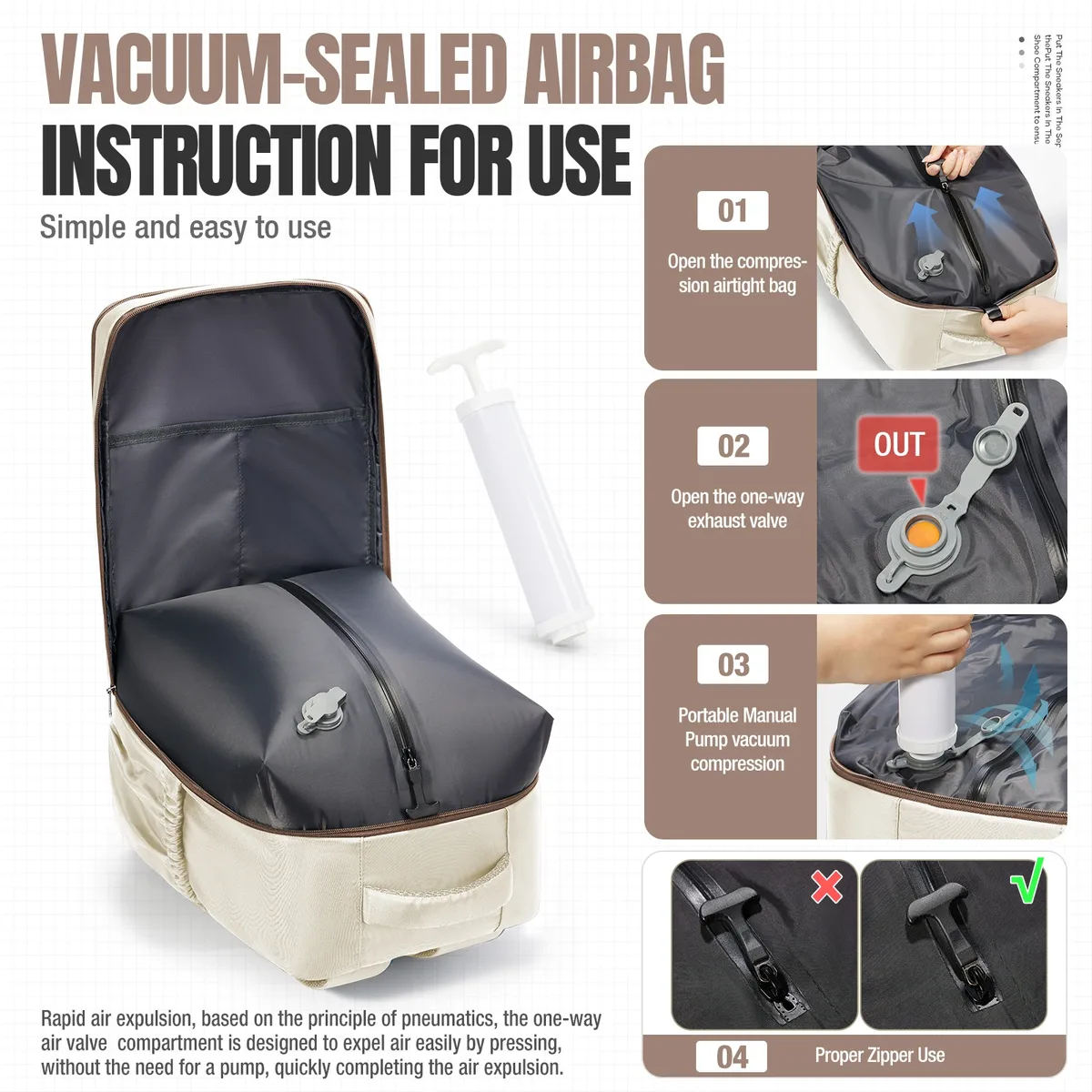 sac à dos de voyage sous vide avec pompe manuelle, compatible ryanair, 40x30x20, pour ordinateur portable, école, avion, bagage à main