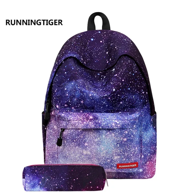Sac à dos violet ciel étoilé, sac à bandoulière double, sac en toile pour étudiants, collégiens, lycéens, sport, voyage, trajets quotidiens, trousse à crayons