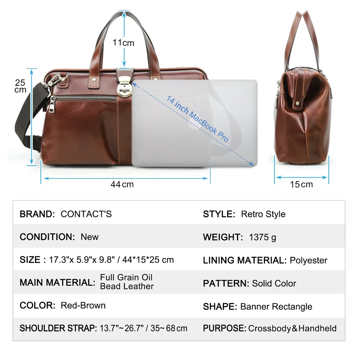contact's – sacs d'affaires en cuir véritable pour hommes, porte-documents à cadre métallique, sacs à bandoulière, sacoche en cuir, sac fourre-tout pour ordinateur portable 14 pouces