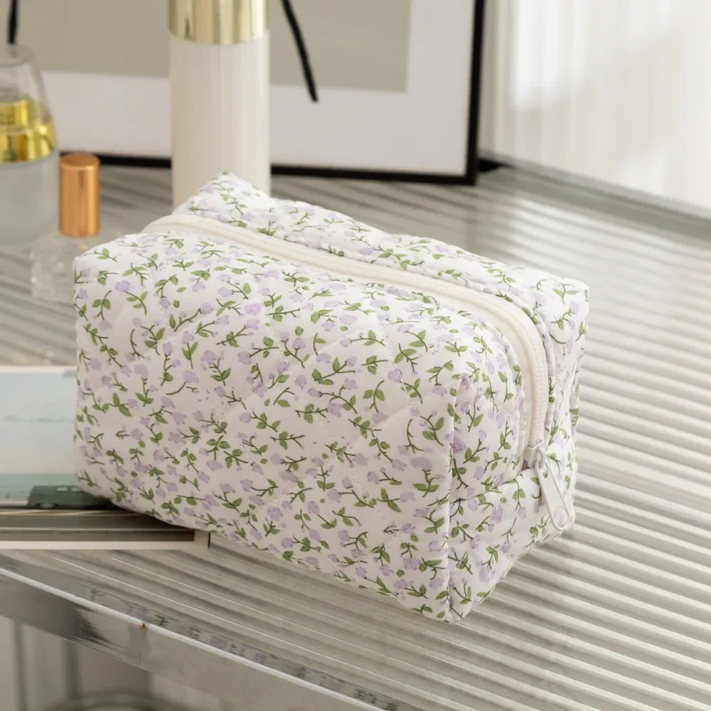 nouvelle trousse de maquillage en coton matelassé à fleurs, grande capacité, légère, organiseur de cosmétiques multifonctionnel, trousse de toilette pour femmes