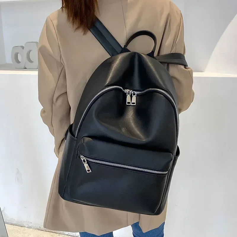 sac à dos en cuir pu noir de grande capacité pour femme, sacoche d'université, de voyage, pour fille