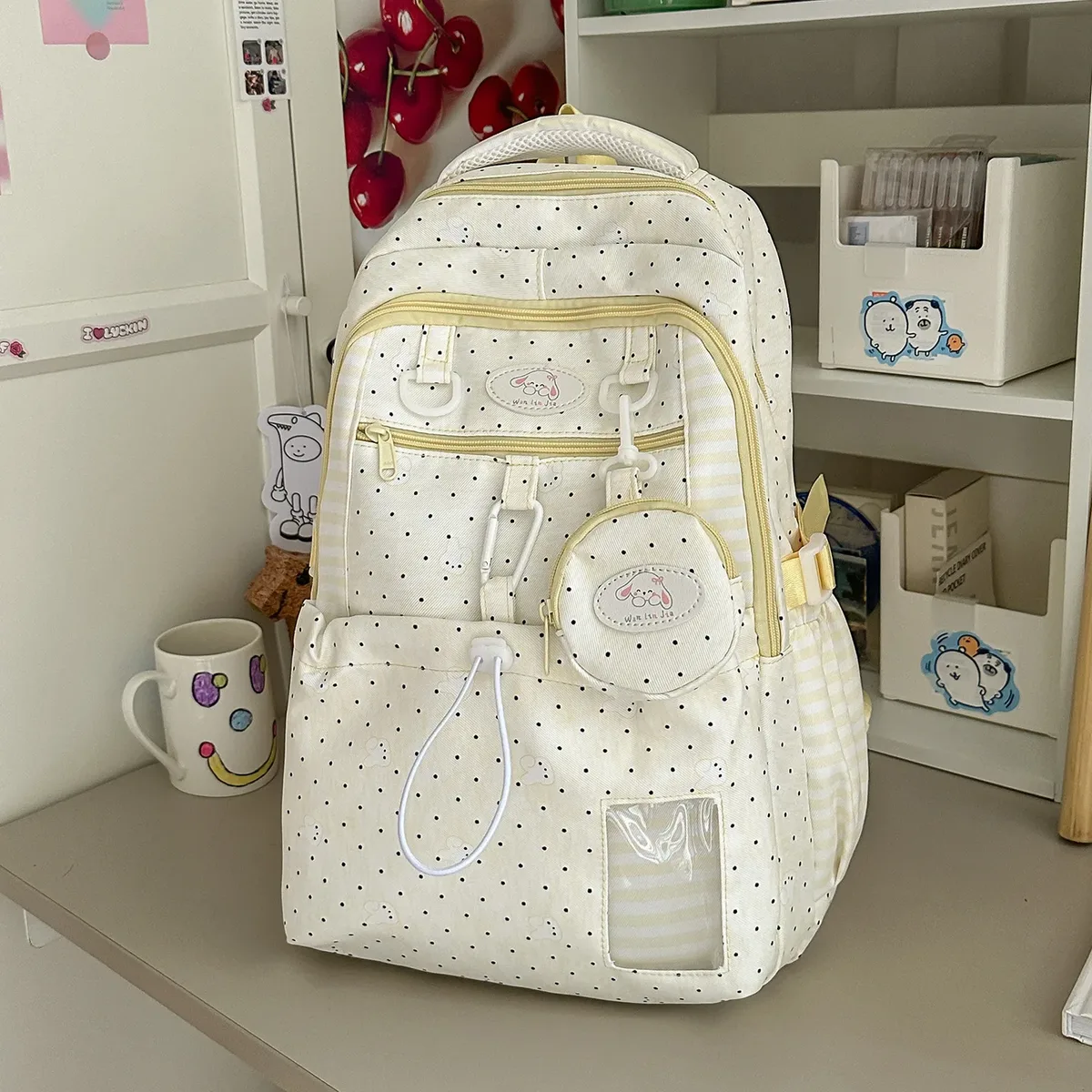 sac à dos rose à pois blancs pour adolescentes, léger et respirant, sac d'étudiant multi-poches, sac de transport imprimé dessin animé