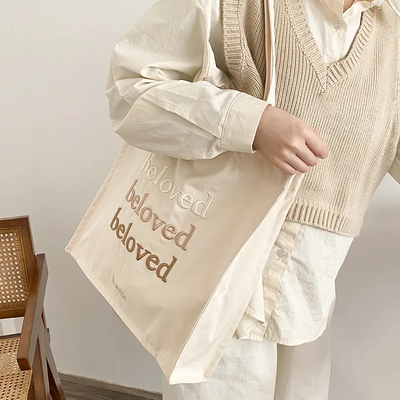 sac à bandoulière en toile pour femmes, sacs de shopping quotidiens brodés, sac de livres pour étudiants, sacs à main en tissu de coton épais, fourre-tout pour filles