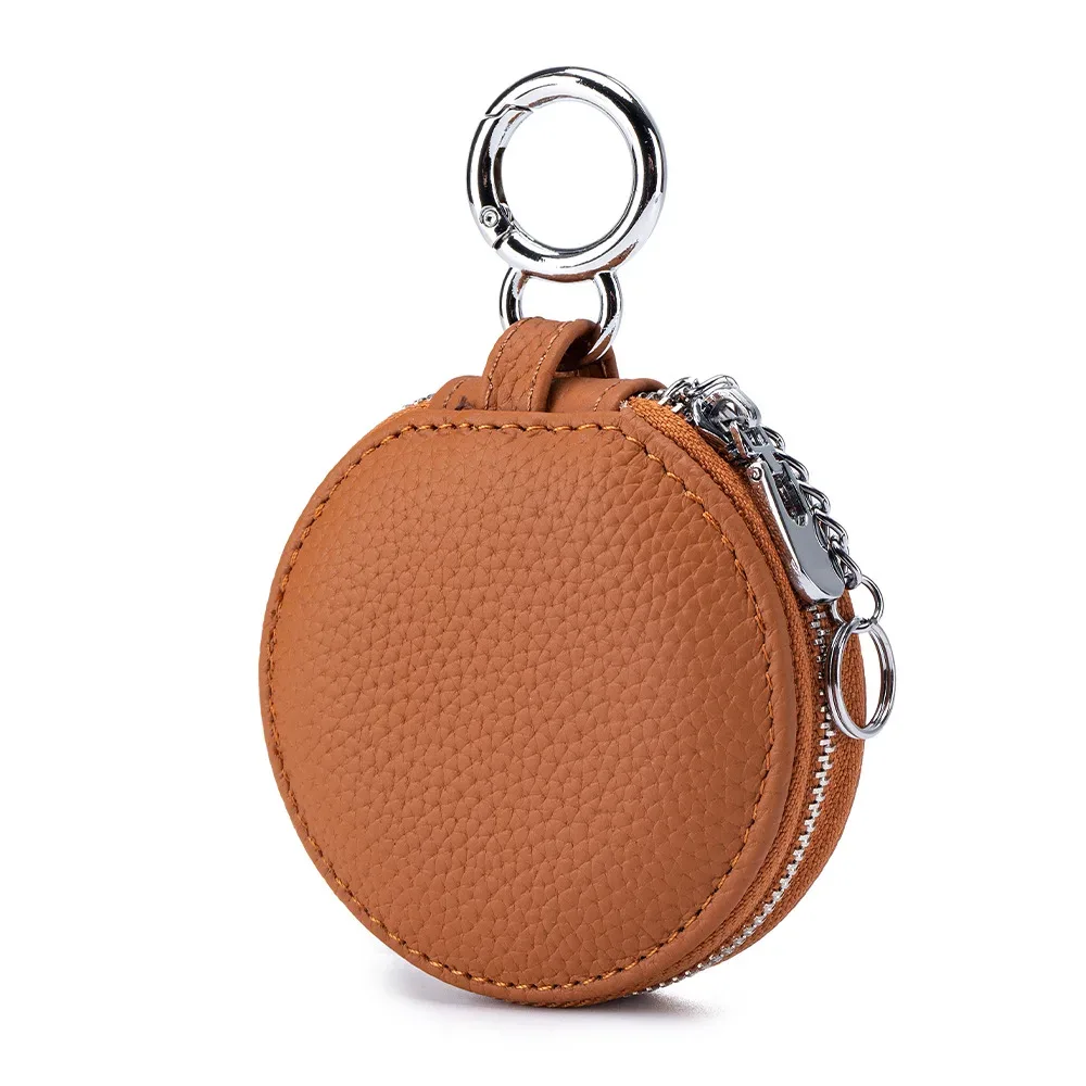 sac de rangement rond en cuir véritable pour femmes, sac rond pour rouge à lèvres souple, sac pour écouteurs avec miroir, sac porte-clés pendentif de grande capacité