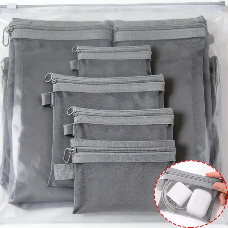24/1pcs sacs cosmétiques en maille transparente, petits et grands, noirs, trousse de maquillage portable, orga