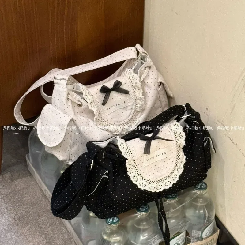 sac à bandoulière coréen noir et blanc à pois avec dentelle, simple et mignon, avec nœud et cordon de serrage, pour étudiante