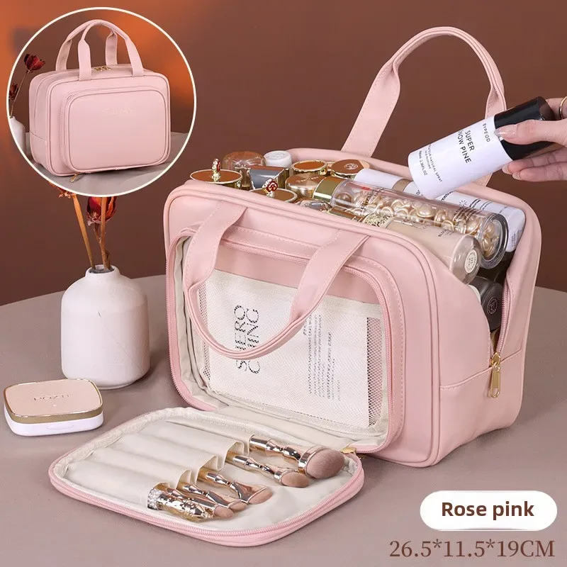 nouveau sac à cosmétiques en cuir pu pour femmes, sac de rangement portable multifonctionnel pour maquillage, sac de rangement de toilette de voyage de grande capacité