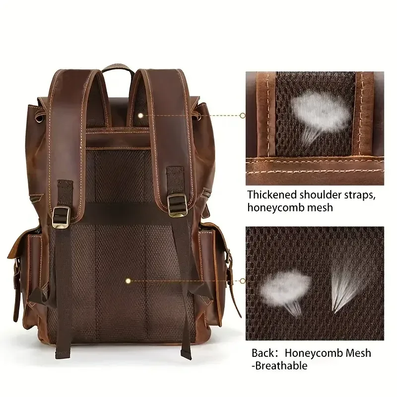 nasva-sac à dos rétro en cuir véritable pour homme, sac d'extérieur, sac à bagages, sac d'école, sac pour ordinateur portable, 15.6 pouces