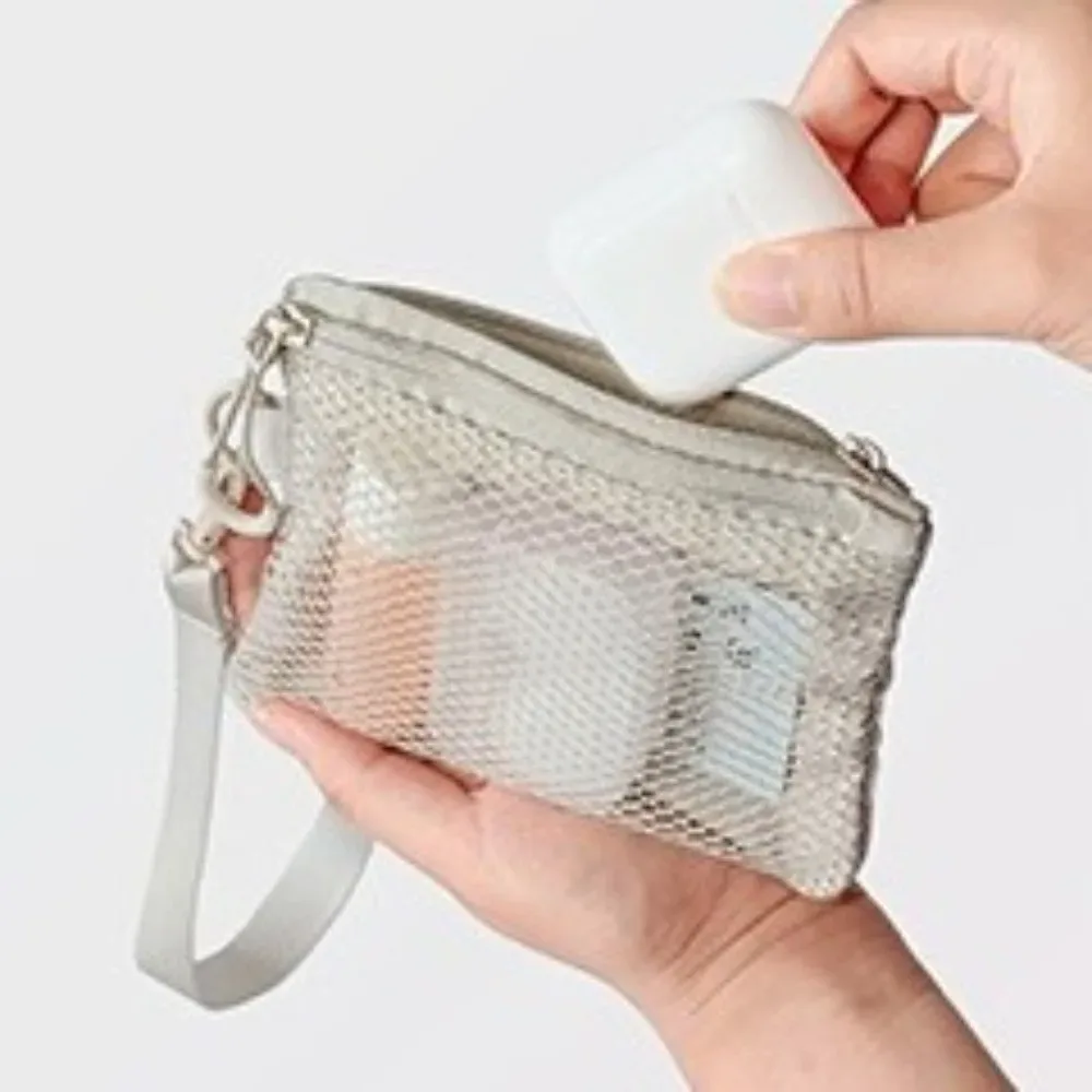 sac de rangement en maille légère avec fermeture éclair, trousse de toilette en polyester, couleur unie, sac à cosmétiques multifonctionnel, usage polyvalent