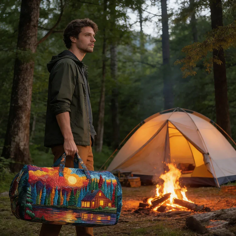 sac de voyage matelassé imprimé en 3d, fourre-tout de week-end, sac de sport, sac à main, motif cabane en montagne et forêt d'automne, paysage naturel vintage, pour femmes et hommes