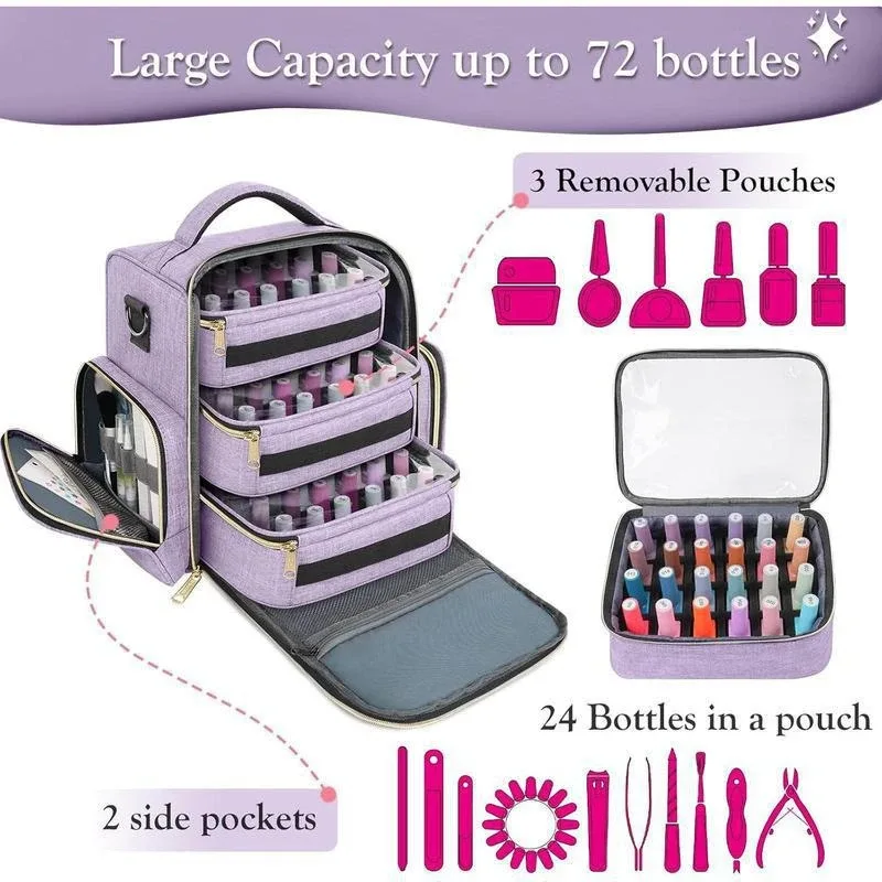 sac de rangement pour outils de manucure, grande capacité, avec trois pochettes amovibles, rangement pour flacons de vernis, pour manucures, cadeau de voyage, beauté