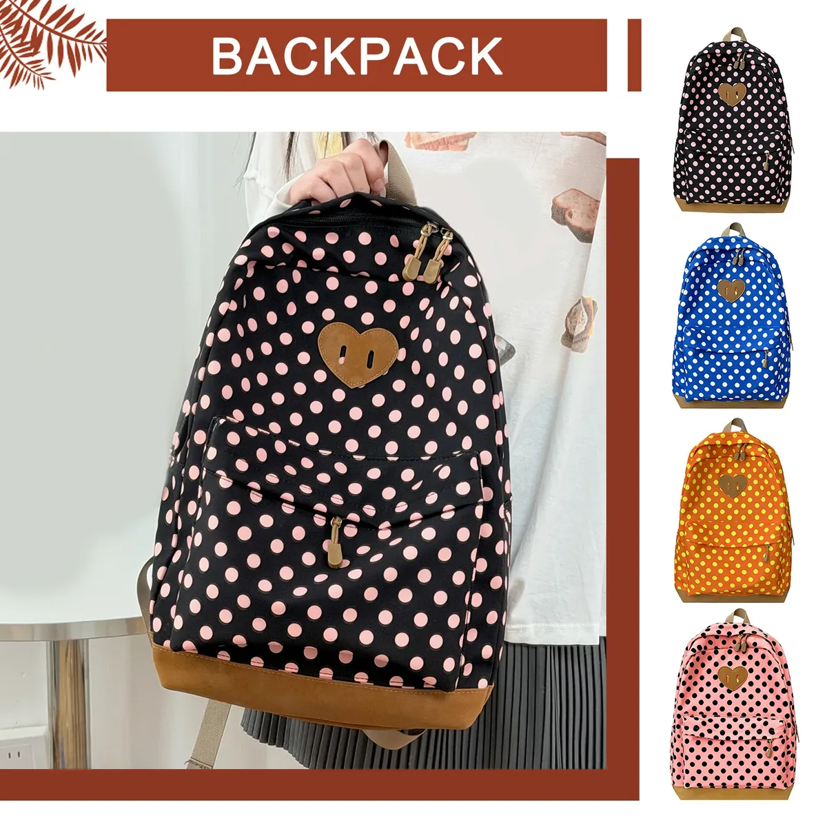 Sacs d'école rétro portables pour femmes avec fermeture éclair, sac à dos esthétique à pois, sac à dos d'école rétro léger pour le travail et les voyages