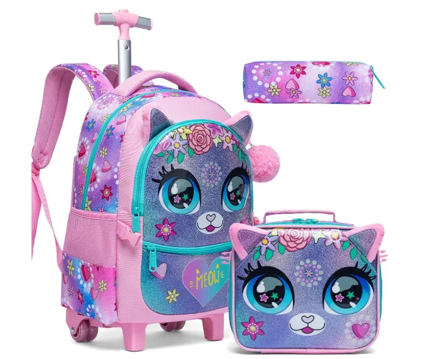 sac à dos de voyage pour enfants, sac à dos d'école à roulettes pour filles, bagages de voyage 3 en 1, valise à main avec sac à déjeuner