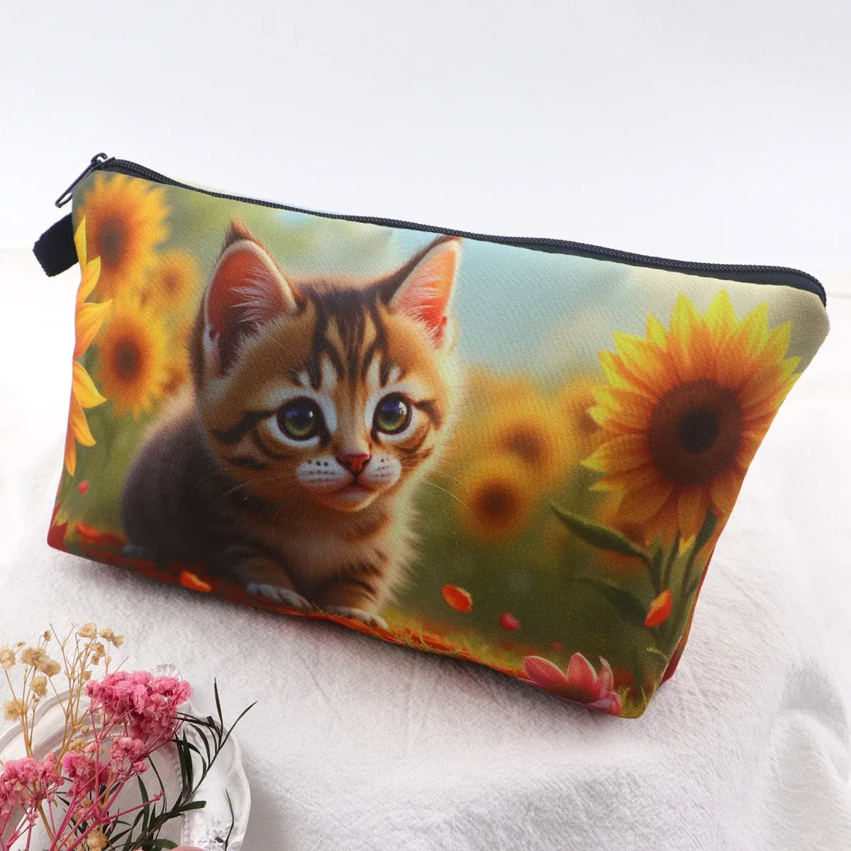sac de rangement de voyage pour femmes, sac à cosmétiques, trousse de maquillage, trousse de maquillage, trousse de rouge à lèvres à fermeture éclair imprimée, chat mignon