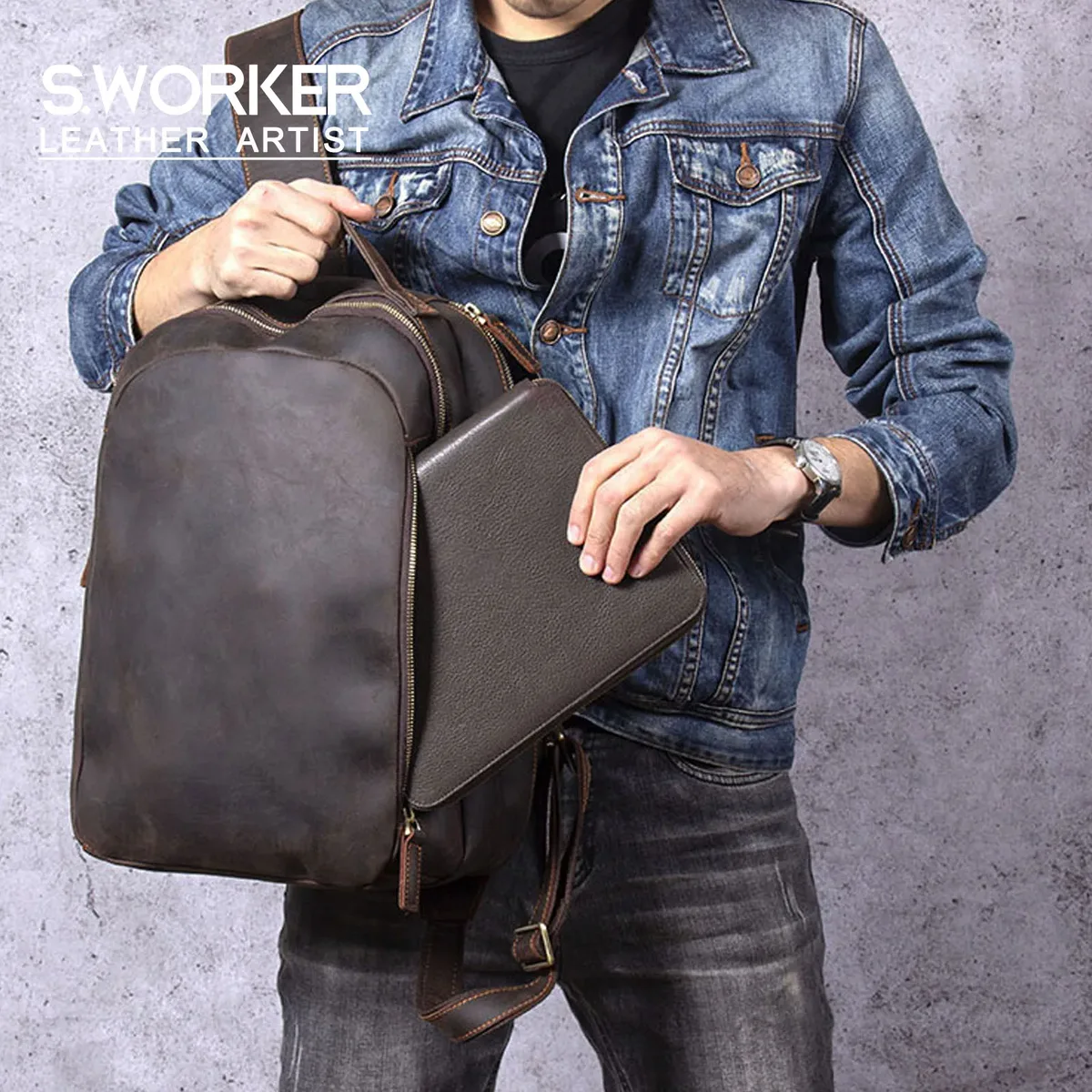 S.WORKER – sac à dos Vintage en cuir véritable pour hommes, cartable classique pour ordinateur portable de 14 pouces, sac à dos en cuir de vache Crazy Horse, style Preppy