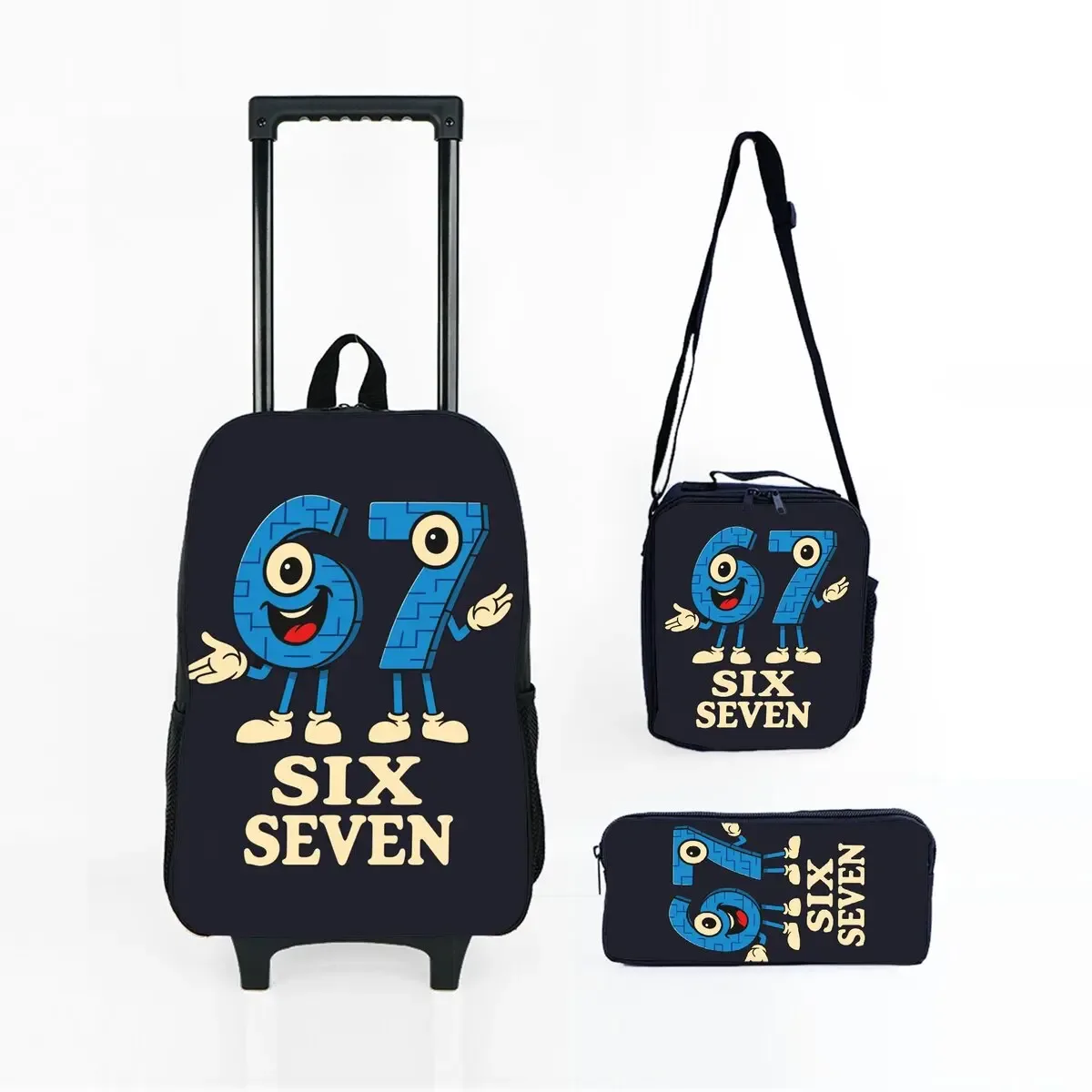 ensemble de sacs à roulettes noirs numéro 67 colorés, avec boîte à déjeuner, sac à stylos avec roulettes, sac à dos de chariot d'école pour filles/garçons