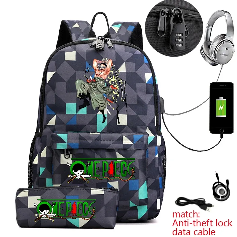 sac à dos d'école imprimé one piece zoro, antivol, pour enfants et adolescents, avec trousse à crayons